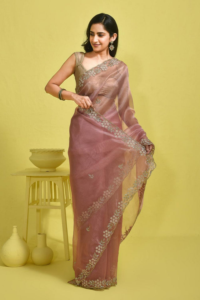 Pink Beads & Stone Embossed Organza Saree (RDOPPZ6B3733)