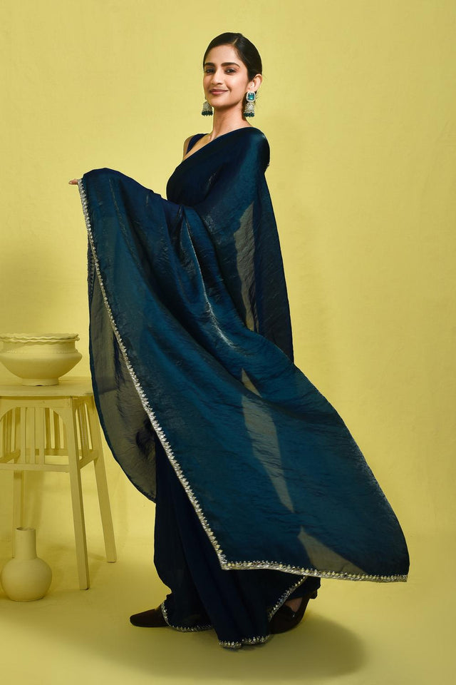Blue Mirror Sequin Satin Saree (RDTBBO6B3756)