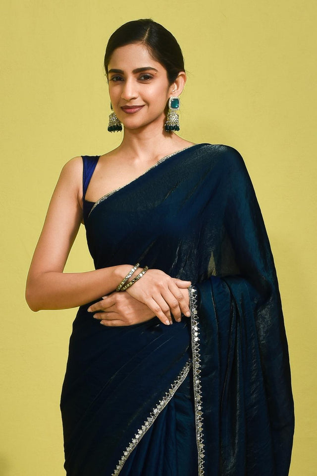 Blue Mirror Sequin Satin Saree (RDTBBO6B3756)