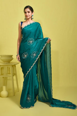 Blue Embroidered Satin Saree (RDTBBQ6B3718)
