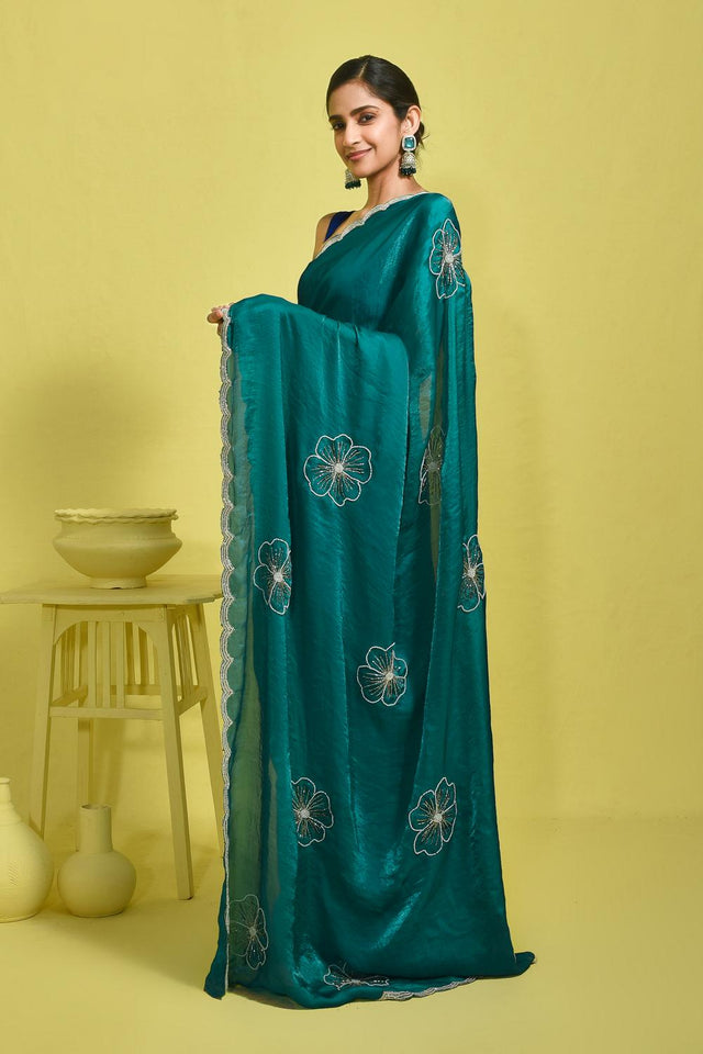 Blue Embroidered Satin Saree (RDTBBQ6B3718)