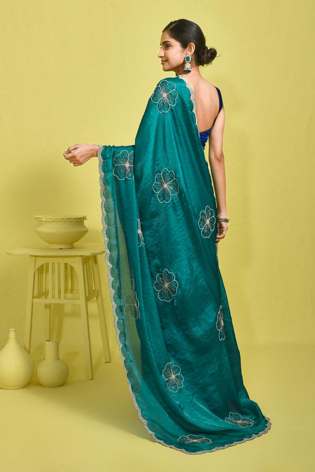 Blue Embroidered Satin Saree (RDTBBQ6B3718)