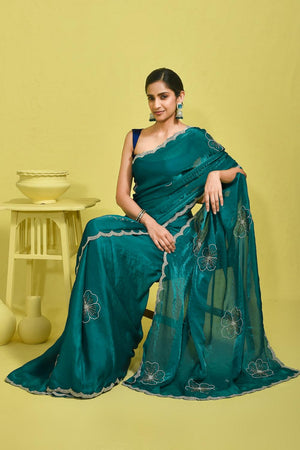 Blue Embroidered Satin Saree (RDTBBQ6B3718)