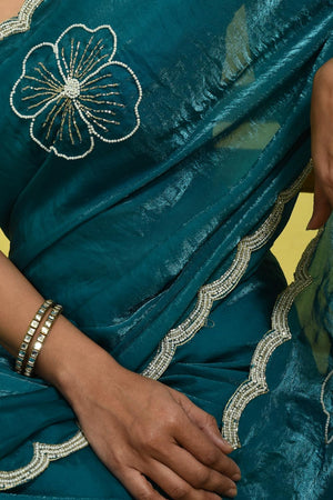 Blue Embroidered Satin Saree (RDTBBQ6B3718)