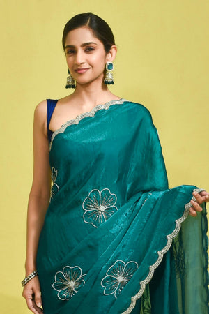 Blue Embroidered Satin Saree (RDTBBQ6B3718)