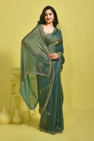 Blue Embroidered Satin Saree (RDTBBT6B3724)