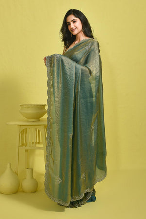 Blue Embroidered Satin Saree (RDTBBT6B3724)