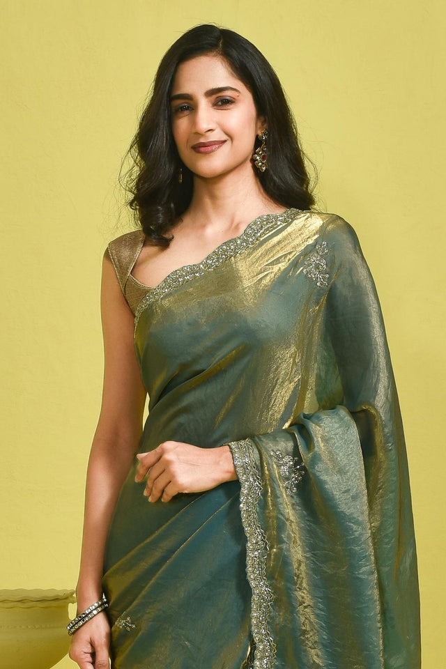 Blue Embroidered Satin Saree (RDTBBT6B3724)