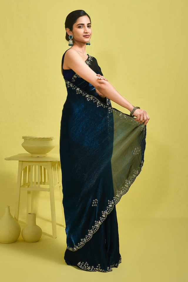 Blue Embroidered Satin Saree (RDTBBU6B3743)