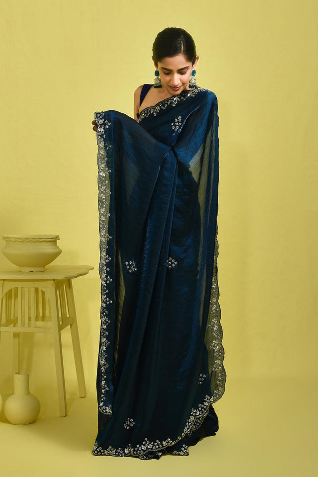 Blue Embroidered Satin Saree (RDTBBU6B3743)