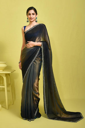 Blue Beads & Stone Embossed Satin Saree (RDTBBW6B3752)