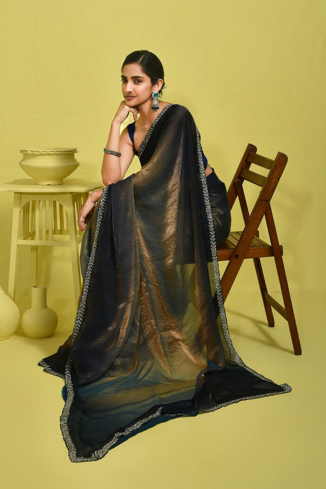 Blue Beads & Stone Embossed Satin Saree (RDTBBW6B3752)