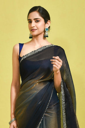 Blue Beads & Stone Embossed Satin Saree (RDTBBW6B3752)