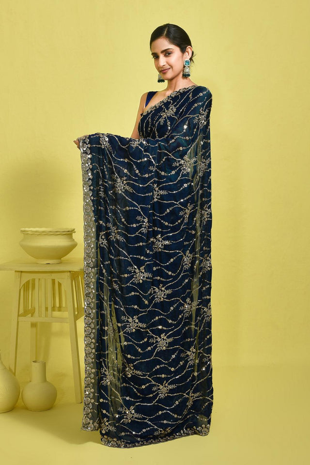Blue Sequin with Embroidered Satin Saree (RDTBBZ6B3721)