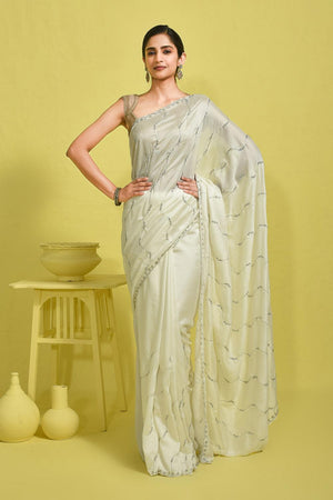 Off-White Beads & Stone Embossed Satin Saree (RDTCCL6B3738)