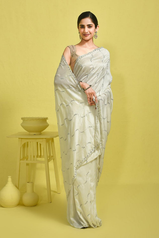 Off-White Beads & Stone Embossed Satin Saree (RDTCCL6B3738)