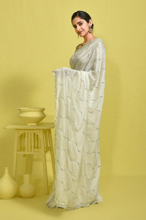 Off-White Beads & Stone Embossed Satin Saree (RDTCCL6B3738)
