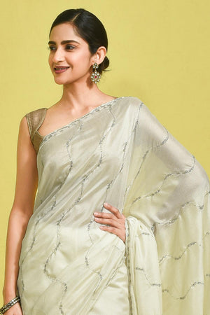 Off-White Beads & Stone Embossed Satin Saree (RDTCCL6B3738)