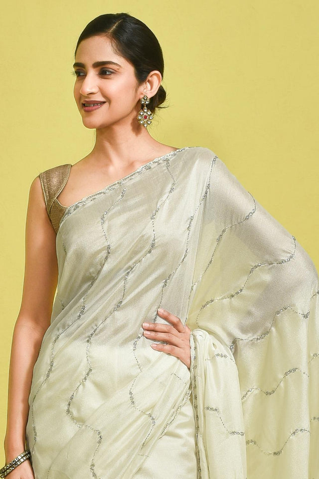Off-White Beads & Stone Embossed Satin Saree (RDTCCL6B3738)