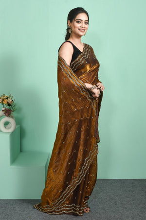 Gold Beads & Stone Embossed Satin Saree (RDTDDV6C3805)