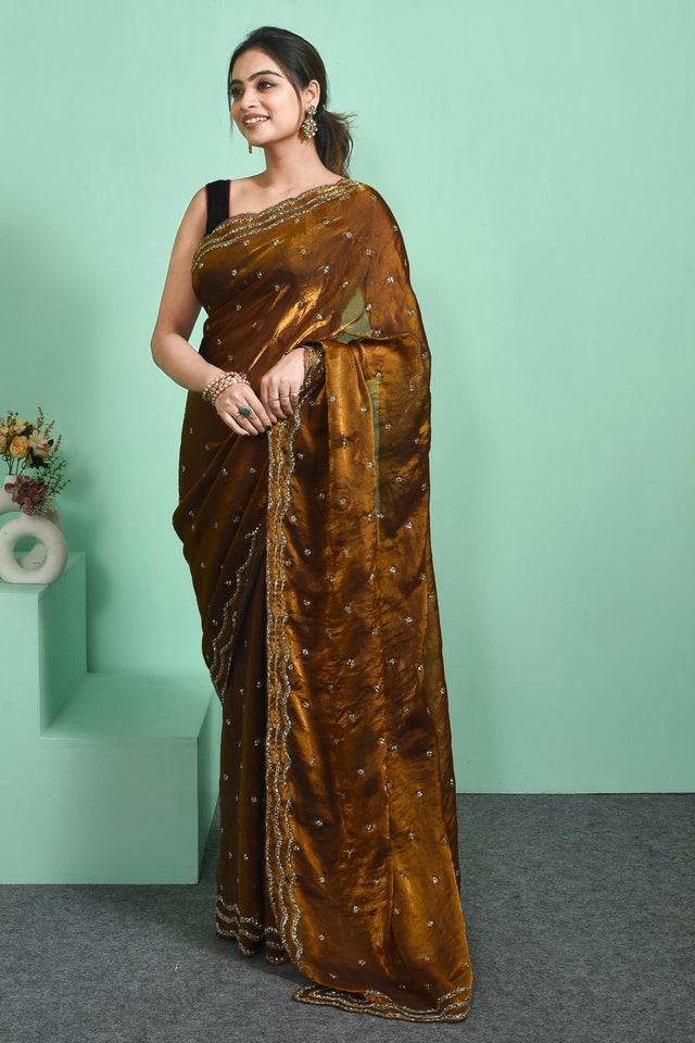 Gold Beads & Stone Embossed Satin Saree (RDTDDV6C3805)