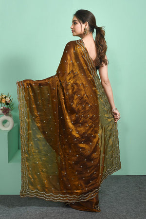 Gold Beads & Stone Embossed Satin Saree (RDTDDV6C3805)