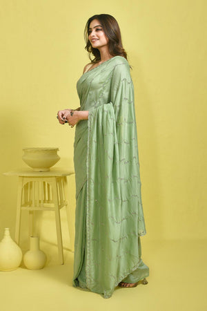 Green Beads & Stone Embossed Satin Saree (RDTGGL6C3792)