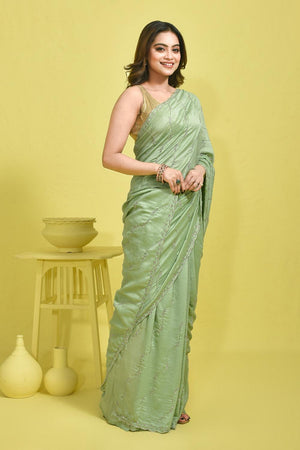 Green Beads & Stone Embossed Satin Saree (RDTGGL6C3792)
