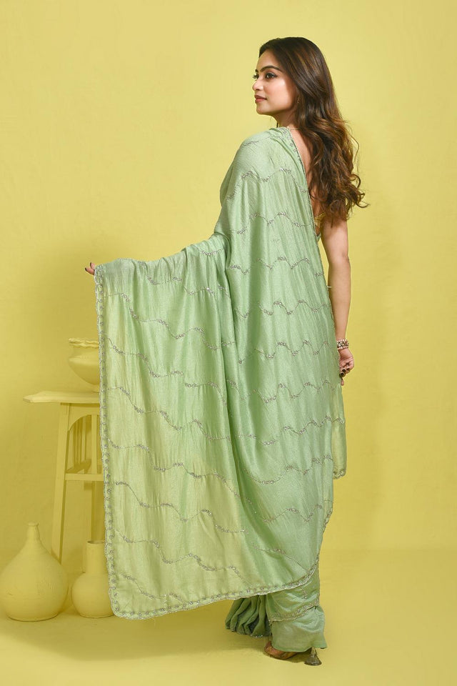 Green Beads & Stone Embossed Satin Saree (RDTGGL6C3792)