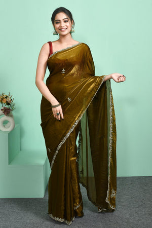 Green Mirror Sequin Satin Saree (RDTGGO6C3841)