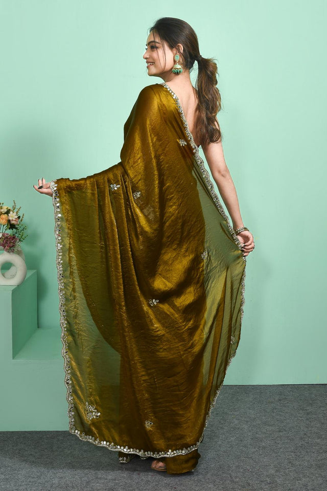 Green Mirror Sequin Satin Saree (RDTGGO6C3841)