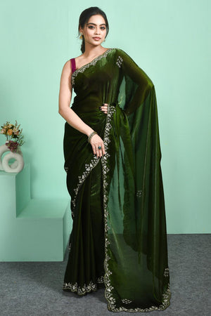 Green Floral Embroidered Satin Saree (RDTGGU6C3808)