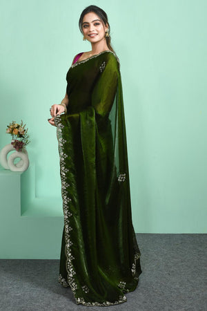 Green Floral Embroidered Satin Saree (RDTGGU6C3808)