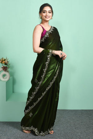 Green Floral Embroidered Satin Saree (RDTGGU6C3808)