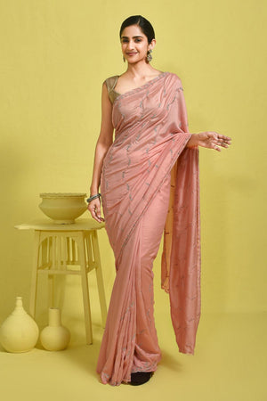 Peach Beads & Stone Embossed Satin Saree (RDTHHL6B3735)