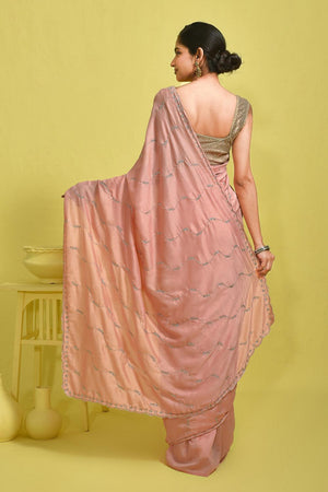Peach Beads & Stone Embossed Satin Saree (RDTHHL6B3735)