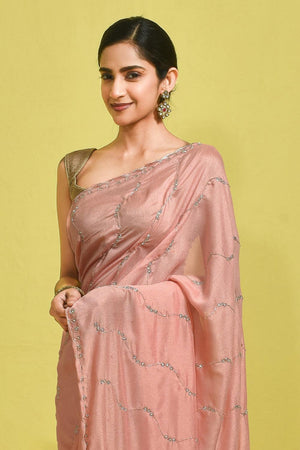Peach Beads & Stone Embossed Satin Saree (RDTHHL6B3735)