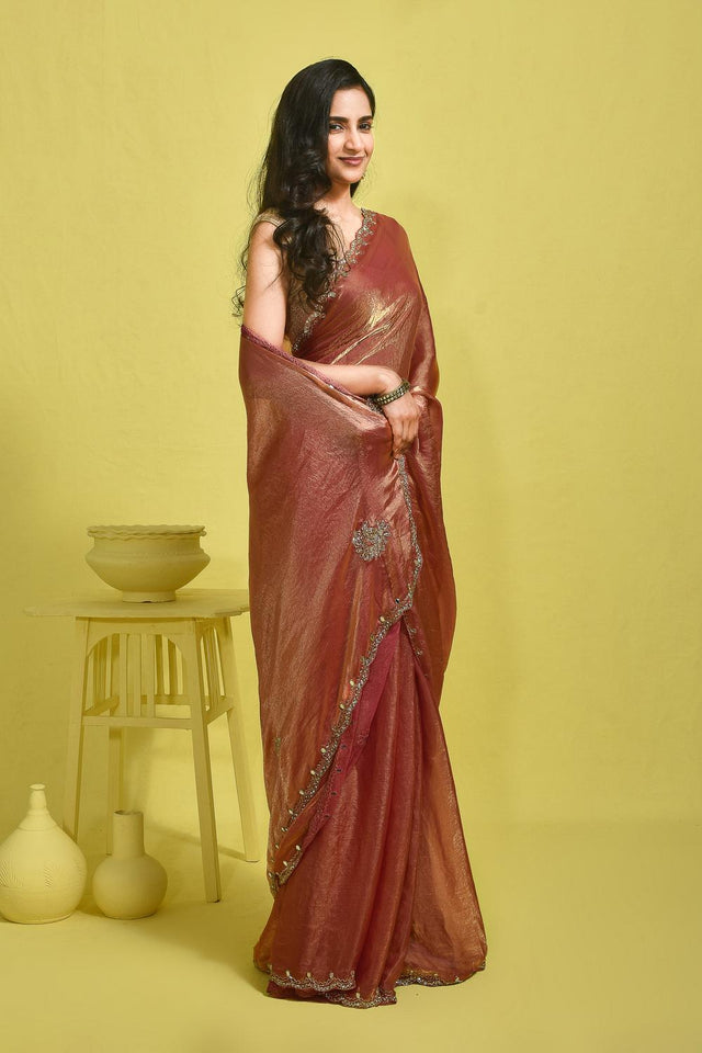 Peach Floral Embroidered Satin Saree (RDTHHP6B3728)