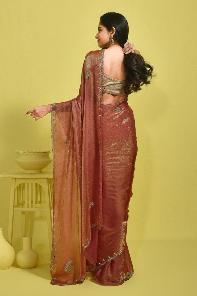 Peach Floral Embroidered Satin Saree (RDTHHP6B3728)