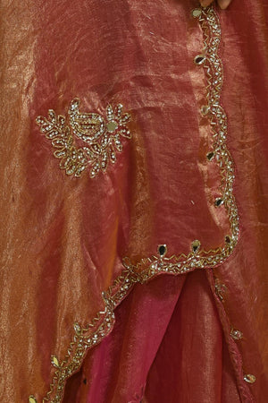 Peach Floral Embroidered Satin Saree (RDTHHP6B3728)