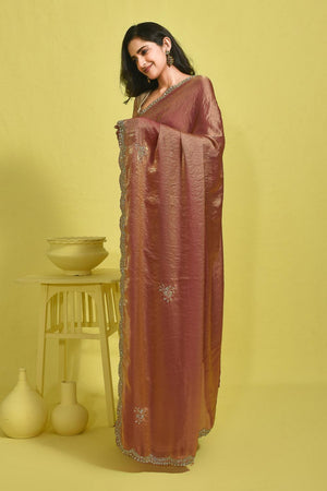 Peach Floral Embroidered Satin Saree (RDTHHT6B3719)