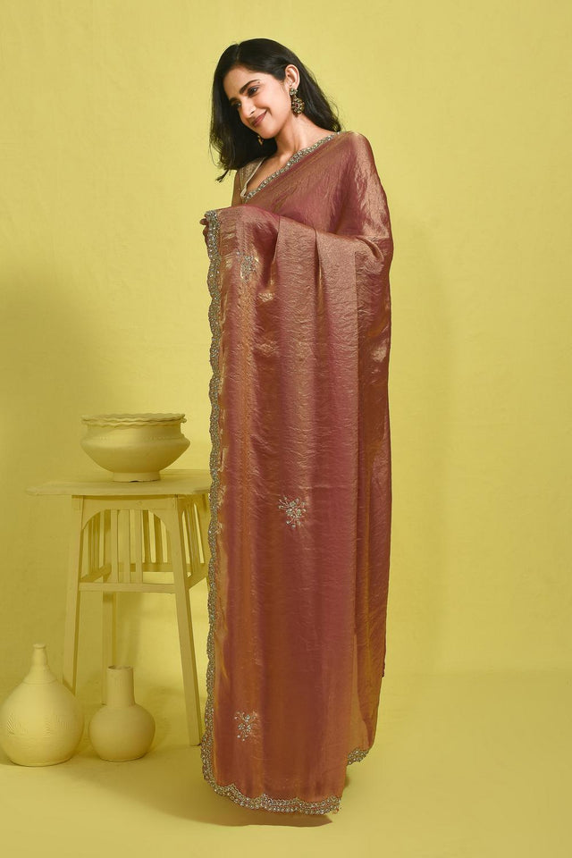Peach Floral Embroidered Satin Saree (RDTHHT6B3719)