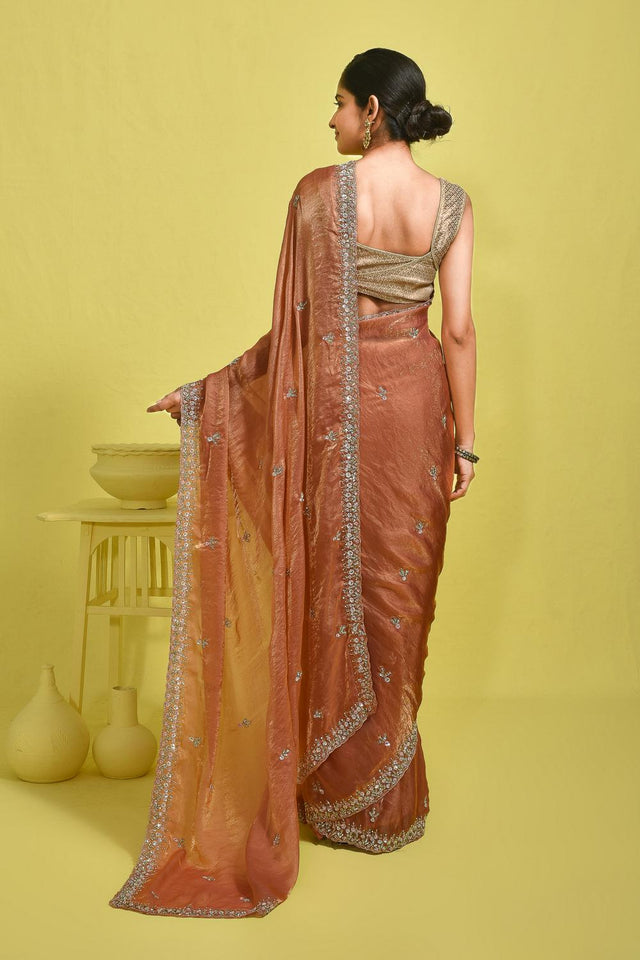 Peach Sequin with Embroidered Satin Saree (RDTHHY6B3737)