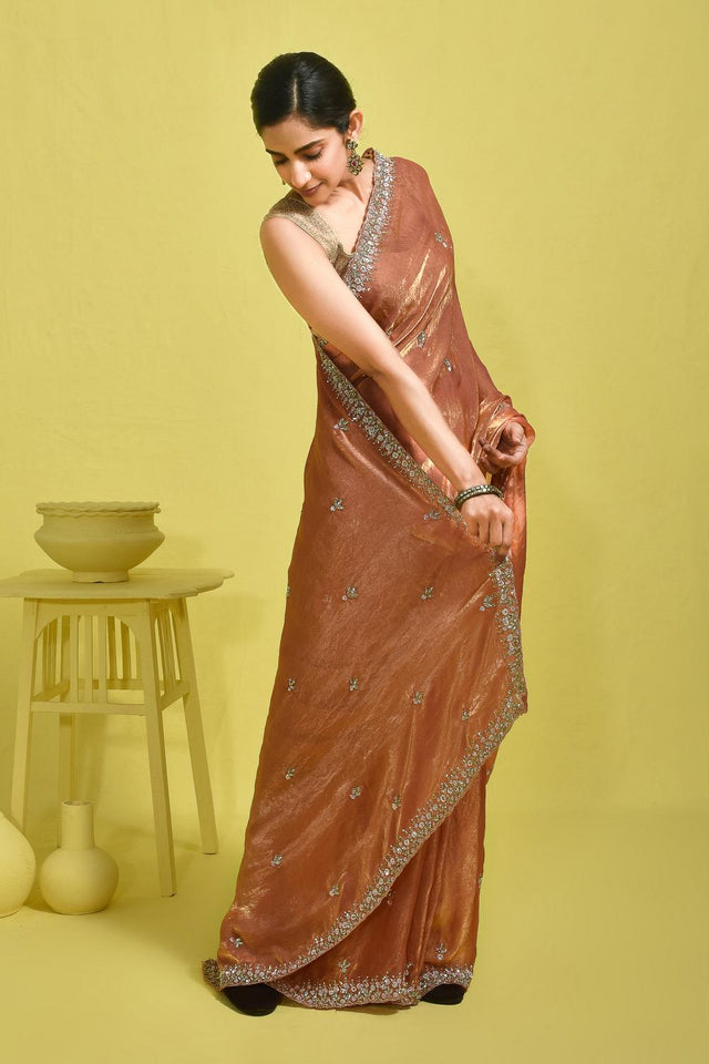 Peach Sequin with Embroidered Satin Saree (RDTHHY6B3737)