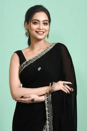 Black Beads & Stone Embossed Satin Saree (RDTLLQ6C3791)