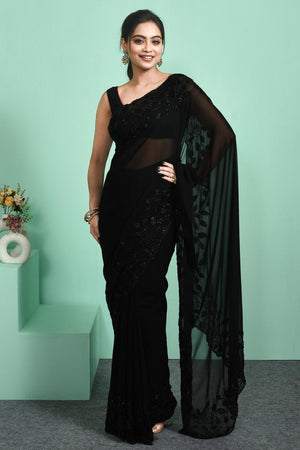 Black Beads & Stone Embossed Satin Saree (RDTLLZ6C3789)