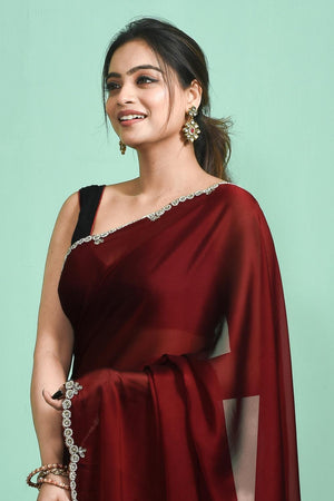 Maroon Beads & Stone Embossed Satin Saree (RDTMMN6C3799)
