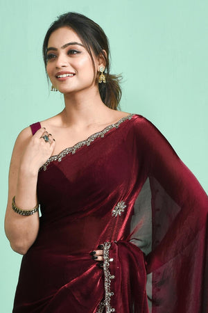 Maroon Beads & Stone Embossed Satin Saree (RDTMMO6C3811)