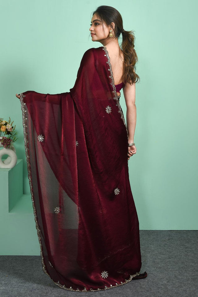 Maroon Beads & Stone Embossed Satin Saree (RDTMMO6C3811)