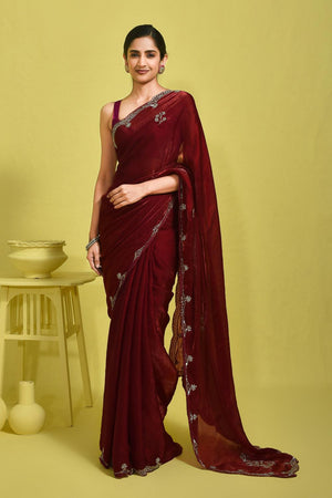 Maroon Floral Embroidered Satin Saree (RDTMMQ6B3713)